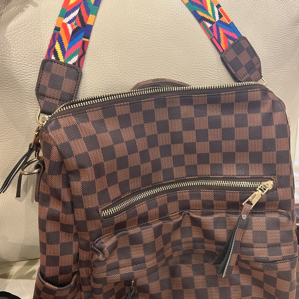 Checkered Brown Canvas Backpack with Red Stripe Strap - Picture 3 of 5